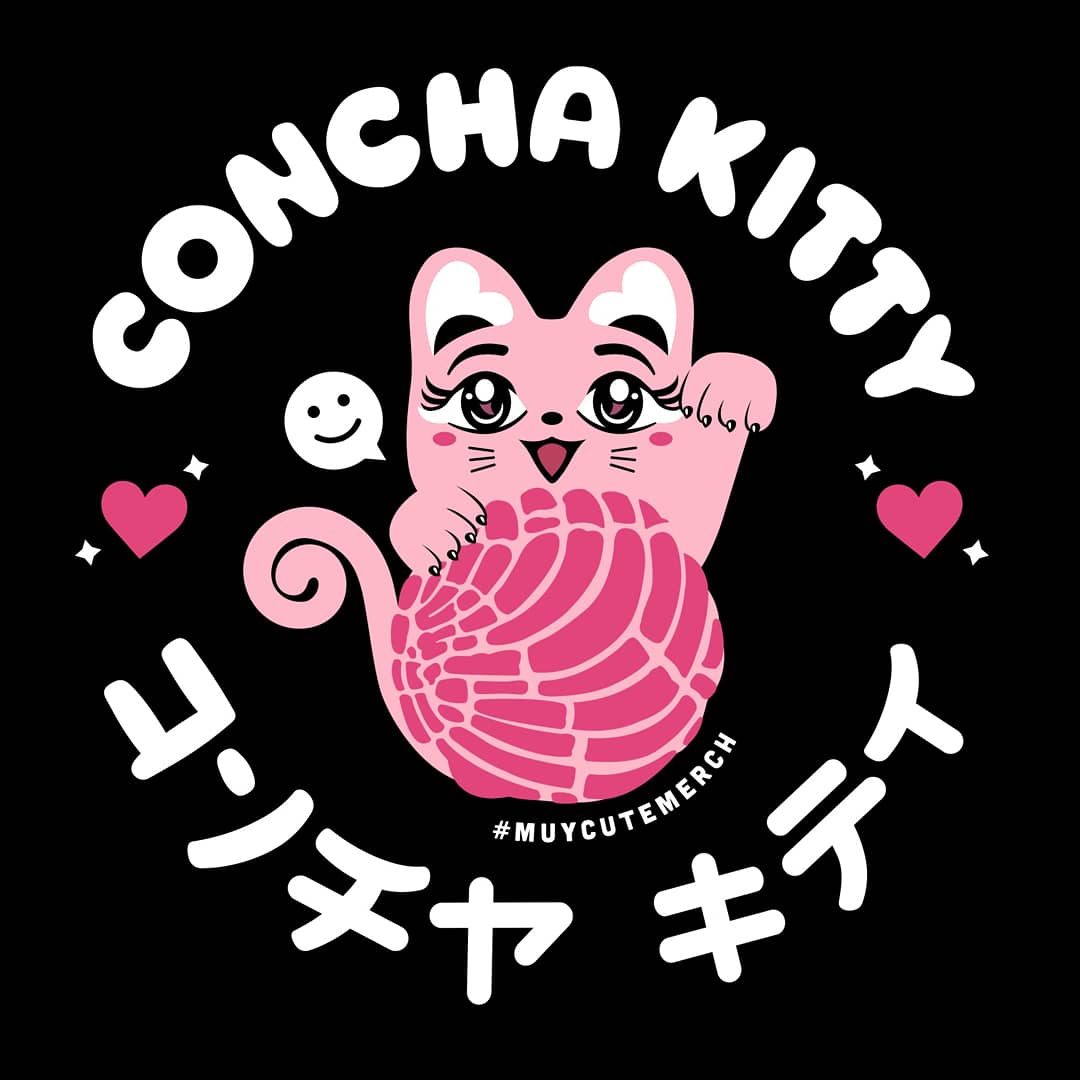 muycutemerch's tweet photo. Of course we had to rep our favorite #pandulce la concha! In combo con un gatito de la suerte JaponΓ©s, we created this #kawaii inspired camisa. Gracias to Chantal for helping us with the #katakana translation <3 the #conchakitty tee is now live at https://t.co/XbGk6JkYhY #muycute https://t.co/iW1ZE73YNN