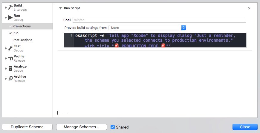 cwagdev's tweet image. If you use Xcode Schemes to differentiate between connecting to Production and Staging environments this is a nice little reminder. I’ve often had brief panic attacks that I was testing in production.