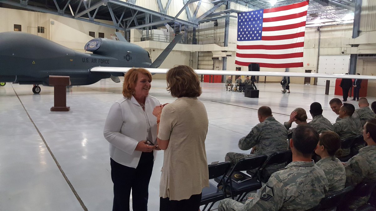 SenatorHeitkamp's tweet photo. Had a great visit to #GrandForks @319ABW #GlobalHawkBase w/ @SecAFOfficial Wilson &amp; base leadership for an update on base operations &amp; the #GlobalHawk mission providing essential intelligence, surveillance, &amp; reconnaissance to combatant commanders across the globe https://t.co/kX8nhznJVB
