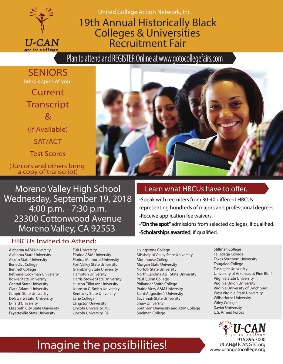 MorenoValleyUSD's tweet photo. MVUSD high school students: Are you unsure about which university to attend after college? 🤔 Come to the 19th Annual HBCU Recruitment Fair and learn about what each school has to offer, scholarship info and/or be admitted on the spot! @HBCUToday https://t.co/IbzQGm6zxu https://t.co/ewnmJKqzud