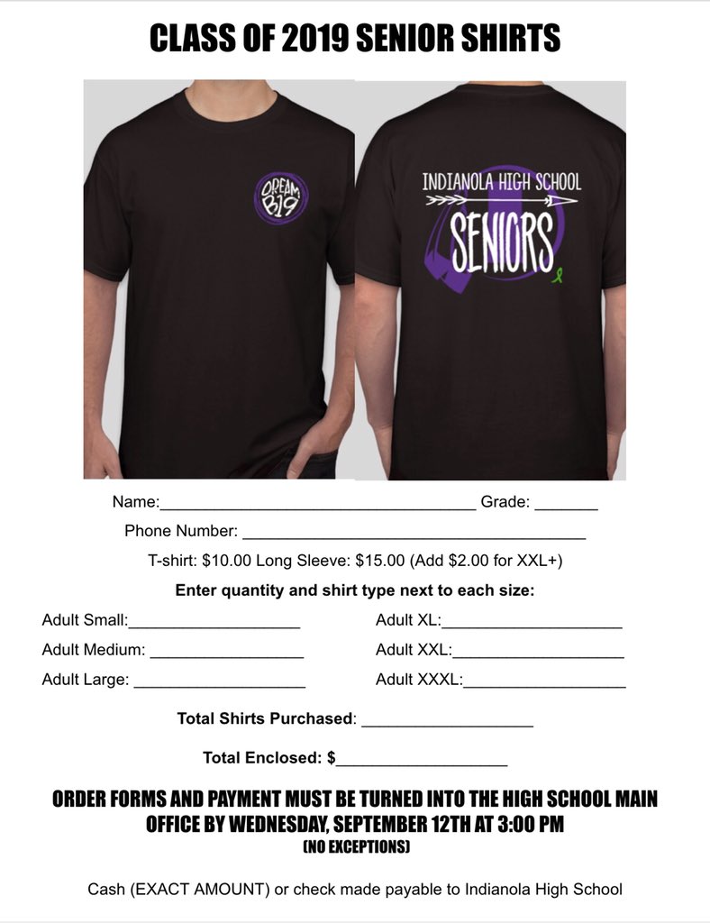 IHS2019's tweet photo. Class of 2019 senior shirt order forms are available in the main office and due by 3:00pm on Wednesday, September 12th. They will be available before homecoming week! https://t.co/fQOgsM6suJ