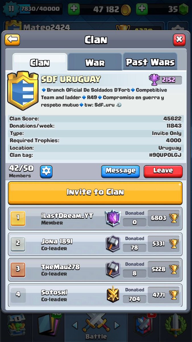 Buenas!, paso a informar que actualmente estamos en busca de  jugadores para nuestro clan en ladder. Actualemente con 41 jugadores contamos con 44000 trofeos y 2466 en guerras de clanes. 

Requisitos: 

➖+4300.

➖+20 Victorias en guerras. 

1/2