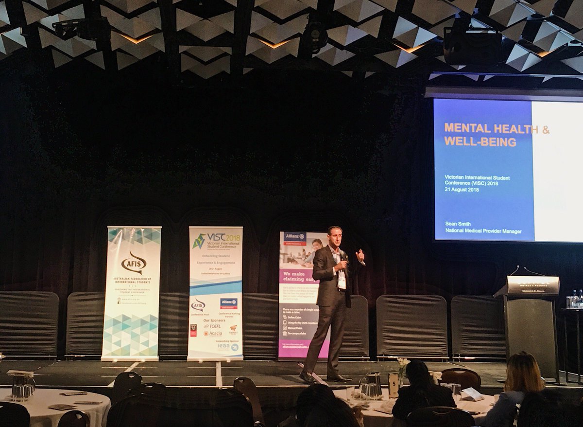 VISC2018's tweet image. Thank you, Sean Smith from @allianz_au for sharing with us the concern about mental illness and well-being of international students. 
Allianz Australia provides support to help international students through stress and stay focus on studying.
#conferences #VISC2018 #MentalHealth
