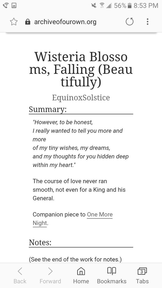 Wisteria Blossoms, Falling (Beautifully) by EquinoxSolstice• its a king/general au• historical• theres angst but a sweet end• really beautiful imagery  https://archiveofourown.org/works/13868505 