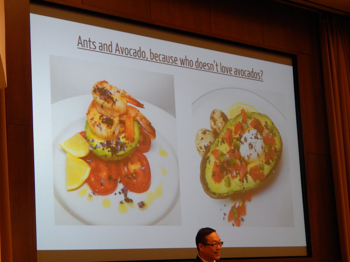 susanmilius's tweet photo. Serve "ants with avocados because who doesn't love avocados?"
Pairing #edibleinsects with beloved foods such as shrimp or chocolate mousse--the bold celebratory path to entomophagy from Chef Joseph Yoon @BrooklynBugs17. Lovely food. #EatingInsectsAthens https://t.co/yXJ0wIZcin