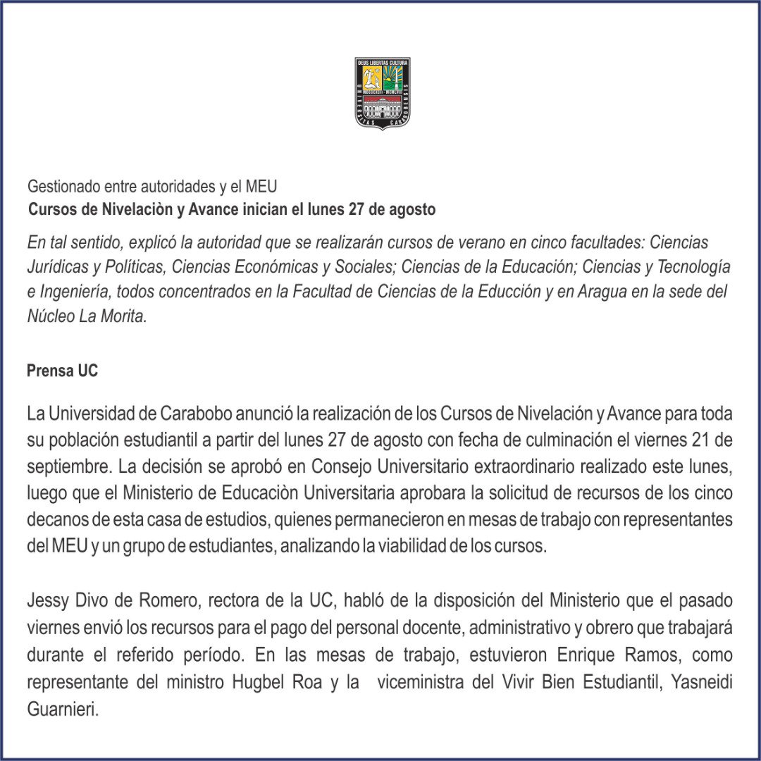 TiempoUC's tweet photo. #Atención Cursos de Nivelación y Avance inician el lunes 27 de agosto || Gestionado entre autoridades y el MEU https://t.co/eYWVrqUApr