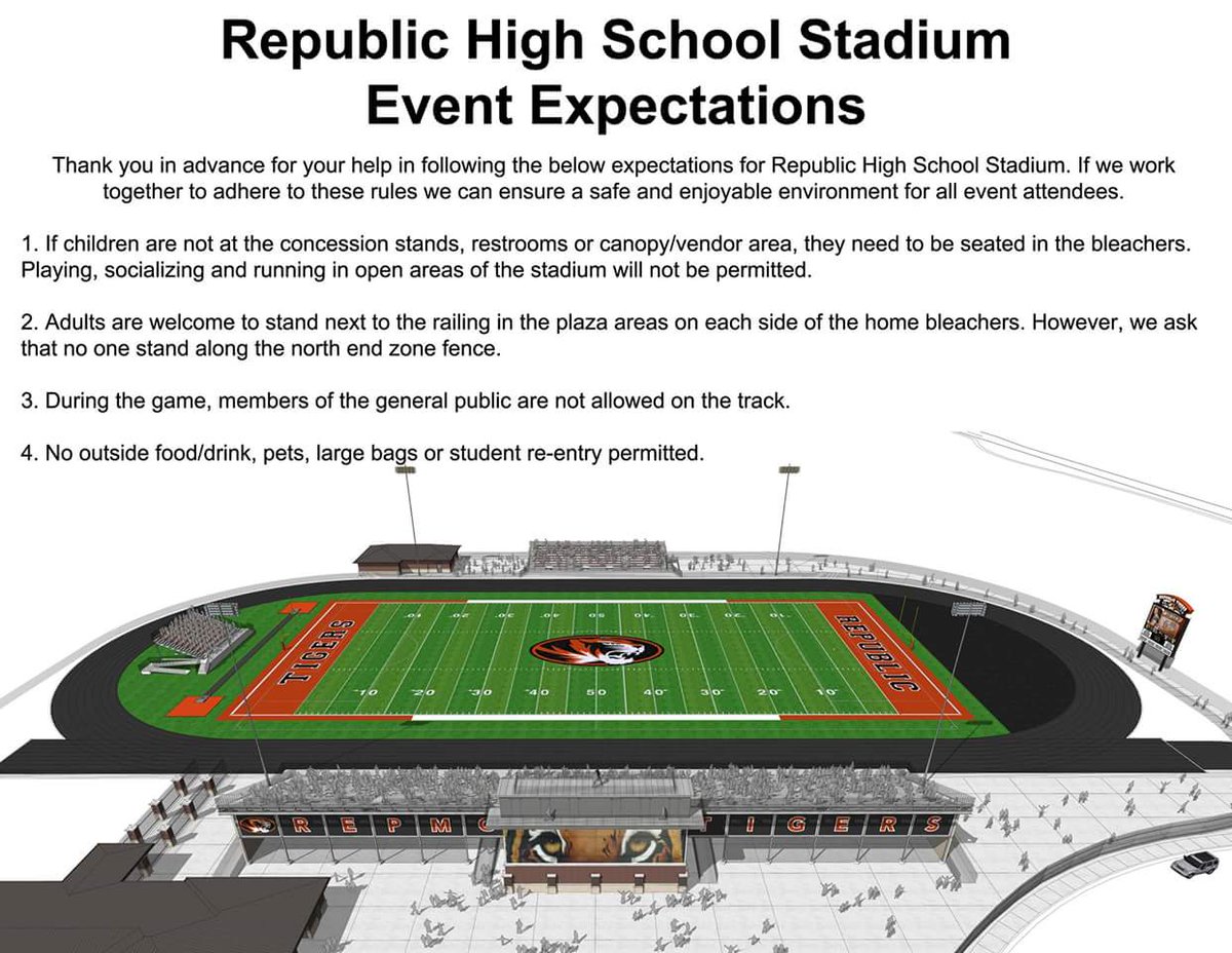 Join us Friday, 8/24 for the 1st home football game of the season &amp; the VERY FIRST football game at the new RHS Stadium! Gates open at 5:00pm, opening ceremony at 6:25pm &amp; kickoff at 7:00pm. Below are guidelines for the new stadium. Thanks in advance for your help! #repmoproud
