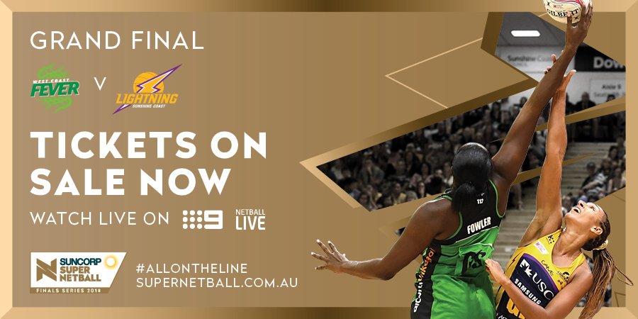 General public tickets are now available.

Buy here | bit.ly/2OPm5A2   

Be at the biggest domestic netball match in the world, the Suncorp Super Netball Grand Final, between <a href="/WestCoastFever/">West Coast Fever</a> and <a href="/sc_lightning/">Sunshine Coast Lightning</a>

#AllOnTheLine #SuncorpSuperNetball