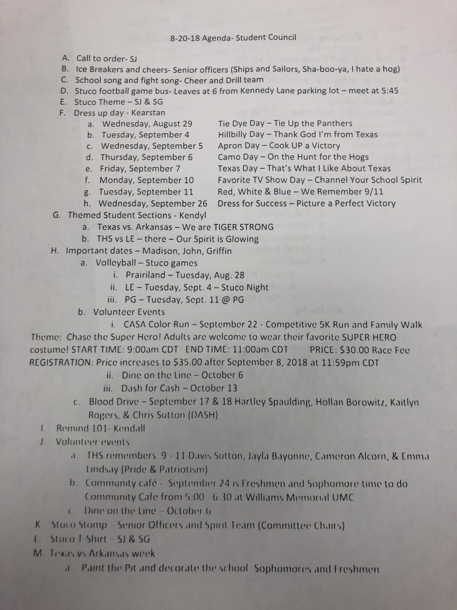 TigerTimesTHS's tweet photo. In case you missed tonight’s STUCO meeting, here’s the agenda that was discussed! The next meeting will be September 10th at 7:30 in the cafeteria. https://t.co/DXlaKOwoVd