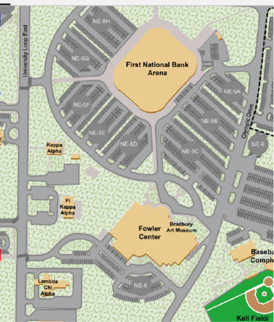 Several hundred commuter parking spaces are available each day in the NE parking lots near the First National Bank Arena and the Fowler Center.  Many destinations in the campus core are within a 10-minute walk from these parking lots.