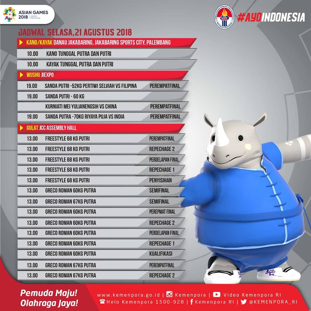 KEMENPORA_RI's tweet image. Jadwal tanding hari ini. Ayo dukung langsung para atlet kita yang bertanding hari ini.
.
#AsianGames2018 
#asiangames
