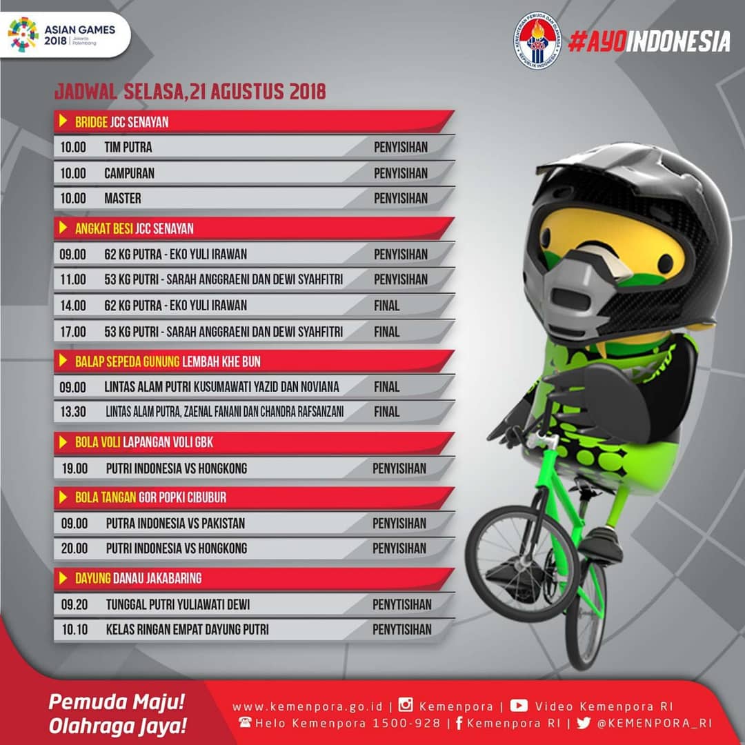 KEMENPORA_RI's tweet image. Jadwal tanding hari ini. Ayo dukung langsung para atlet kita yang bertanding hari ini.
.
#AsianGames2018 
#asiangames