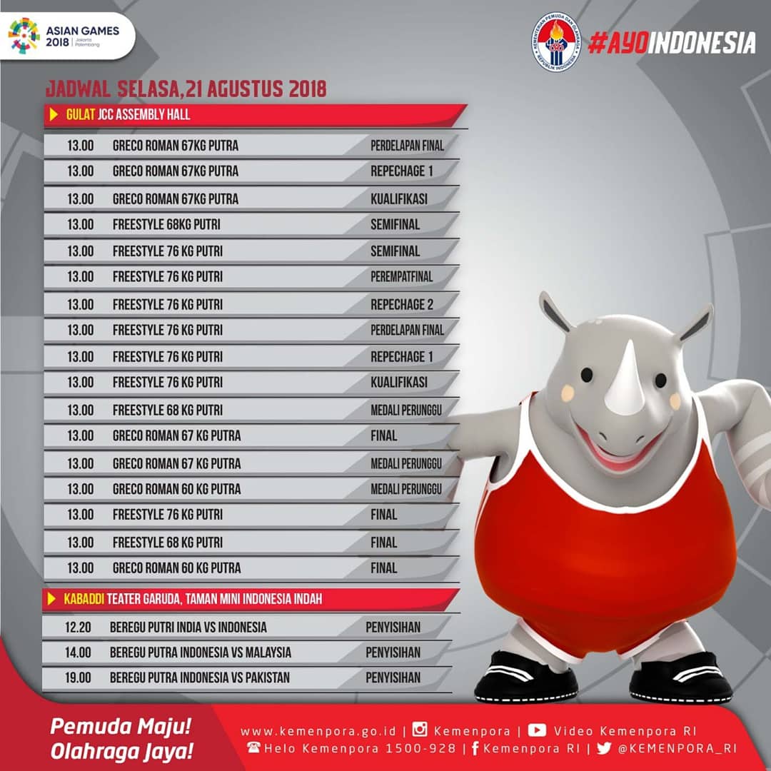 KEMENPORA_RI's tweet image. Jadwal tanding hari ini. Ayo dukung langsung para atlet kita yang bertanding hari ini.
.
#AsianGames2018 
#asiangames