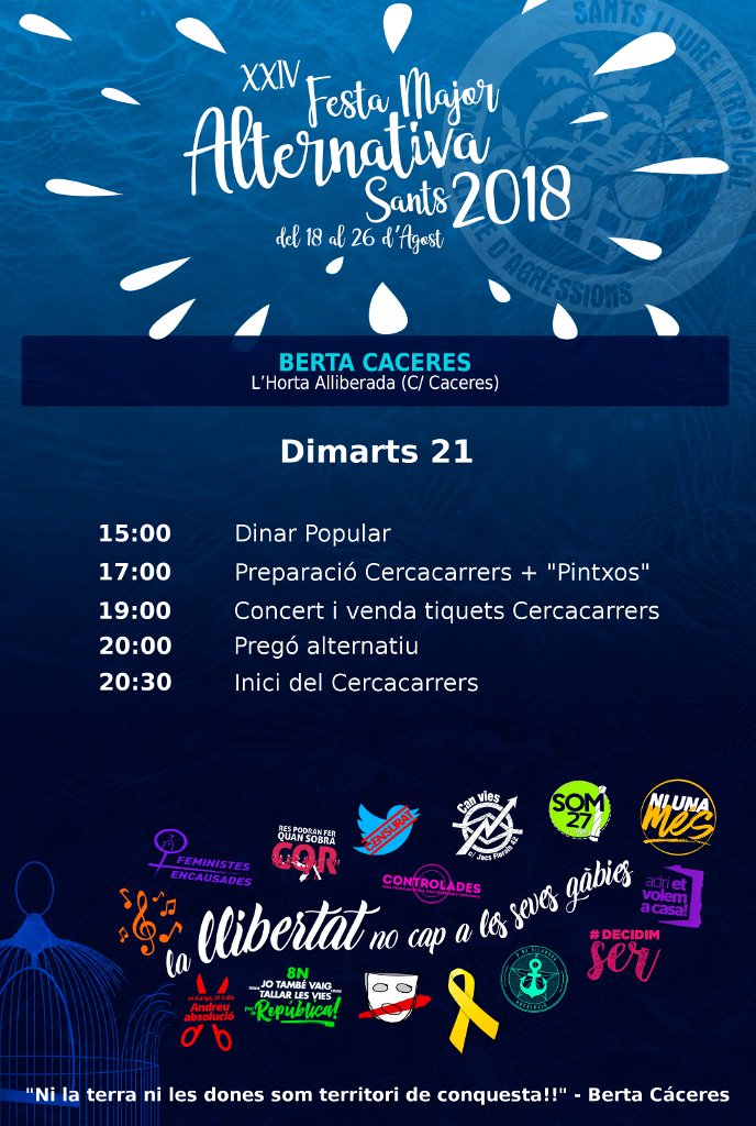 HortaAlliberada's tweet photo. Avui a l'espai Berta Cáceres (@HortaAlliberada) #FMAS18 #Sants
No t'ho perdis
Només sí és sí! A les Festes Majors Alternatives de Sants responem col•lectivament a les agressions masclistes. https://t.co/e1TzExlnpG