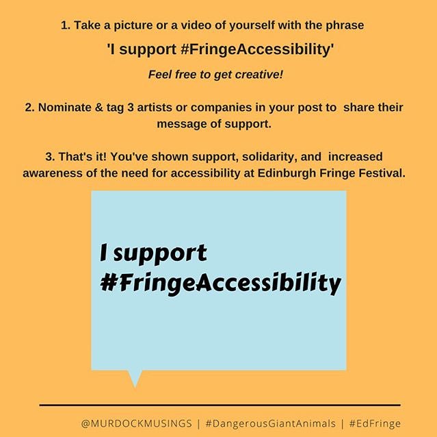 In honour of <a href="/DGAPlay/">#DangerousGiantAnimals</a> and my incredible friend who created it <a href="/MurdockMusings/">Christina Murdock</a> we are helping spread a message of #FringeAccessibility. All you need to do is retweet this picture with the hashtag ‘FringeAccessibility’ and tag 3 people to share on fb or insta 💜