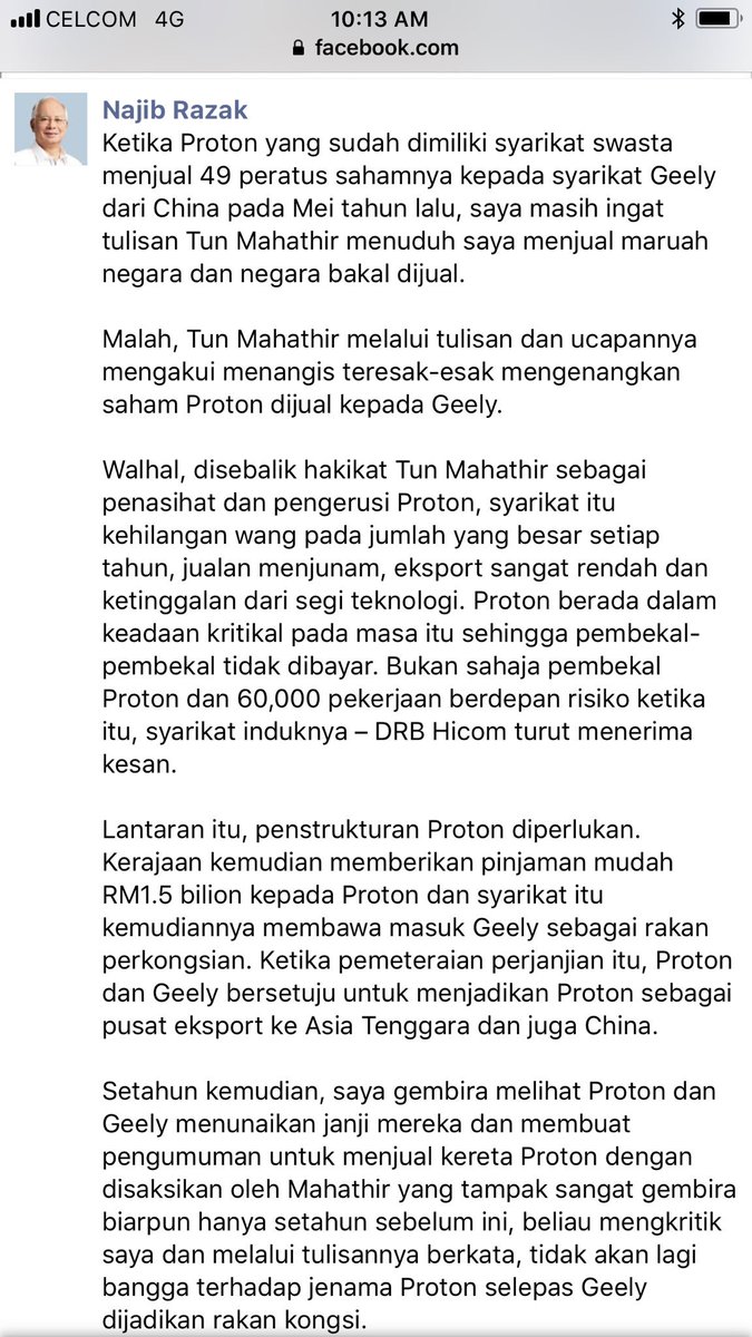 ahmadmaslan's tweet photo. Tulisan @NajibRazak dlm media sosial yg elok utk diteliti &amp; disebar berhubung tuduhan @chedetofficial di #China &amp; juga ttg isu #Proton - #Geely. https://t.co/8AFztqMtTA
