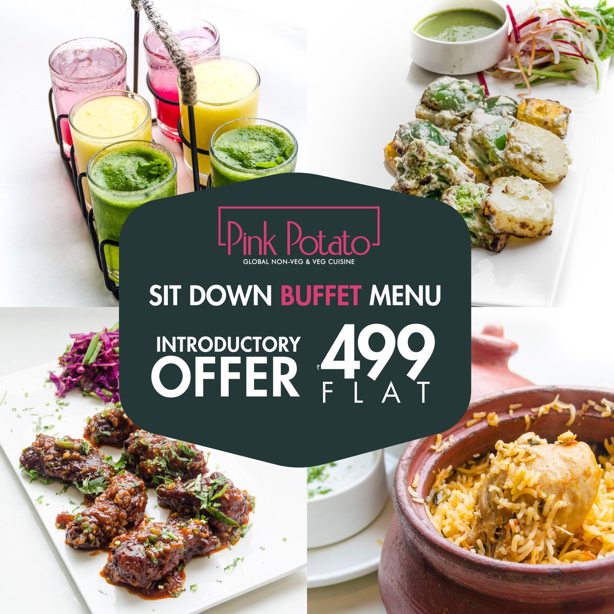 PinkPotato_chen's tweet photo. Haven't you booked your Tables yet...?
Introducing the amazing Sit-Down Non-Vegetarian Buffet at an 
Introductory price of Rs.499/- The Buffet includes

#UnlimitedFood #UnlimitedBuffet #NonVegBuffet #Buffet #Unlimited #BiriyaniLove #PinkPotato #VegToNonVeg #NonVegetarian #NonVeg https://t.co/JVROmQCcgU