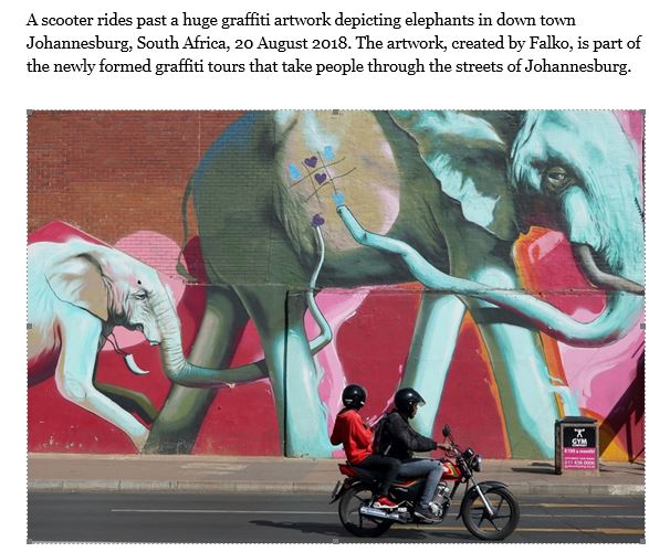 A huge graffiti artwork depicting elephants in downtown Johannesburg. The artwork, created by Falko, is part of the newly formed graffiti tours that take people through the streets of Johannesburg - Daily Maverick

Good to have some cheer on the way to work !