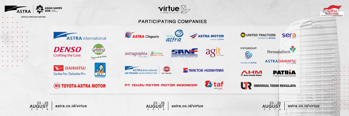 24 perusahaan Group Astra akan membuka ratusan lowongan pekerjaan pada Astra Virtual Jobfair 23 - 26 Agustus 2018 mendatang!

Kunjungi astra.co.id/virtue pada 23 - 26 Agustus 2018 mendatang dan temukan pekerjaan impianmu!

Virtue, Mudahnya Berkarir di Astra!

#AstraVirtue