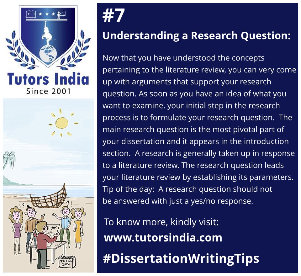 TutorsIndia's tweet image. #DissertationJourney
Day 7: Understanding a #Research Question
For more information visit: goo.gl/1kyT64
#DissertationWritingTips #Assignment #ThesisWritingTips
#India: +91-8754446690
Email: info@tutorsindia.com
#VoteHayleyKiyoko #EidAlAdha #UniversalTitle #AbuDhabi