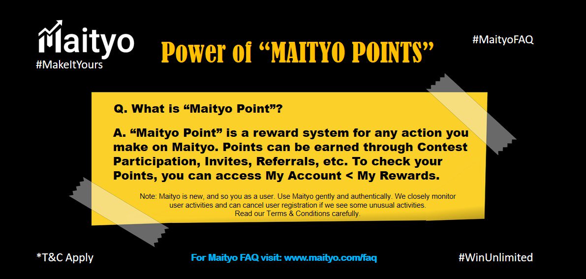 MaityoLive's tweet photo. #MaityoFAQ: Some of you have already mastered Maityo, while some of you may still have doubts. To help you qualify in each Contest, we started with #FAQSeries to tell you better how #Maityo works.
FAQ#2: What is "Maityo Point"?
#MakeItYours #WinUnlimited #Contests https://t.co/5OUy6DxZ7R