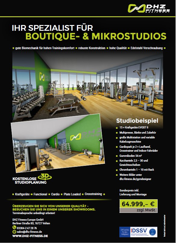 Lust auf Dein eigenes Boutique/Mikrostudio?!
Wir von DHZ Fitness Europe planen mit Dir Dein Studio, vom ersten Gedanken an.

Vom Raumplan, über die Geräteauswahl bis hin zur Umsetzung, alles aus einer Hand.

Und dass zu einem unschlagbaren Preis!!

Neugierig?
Lust?