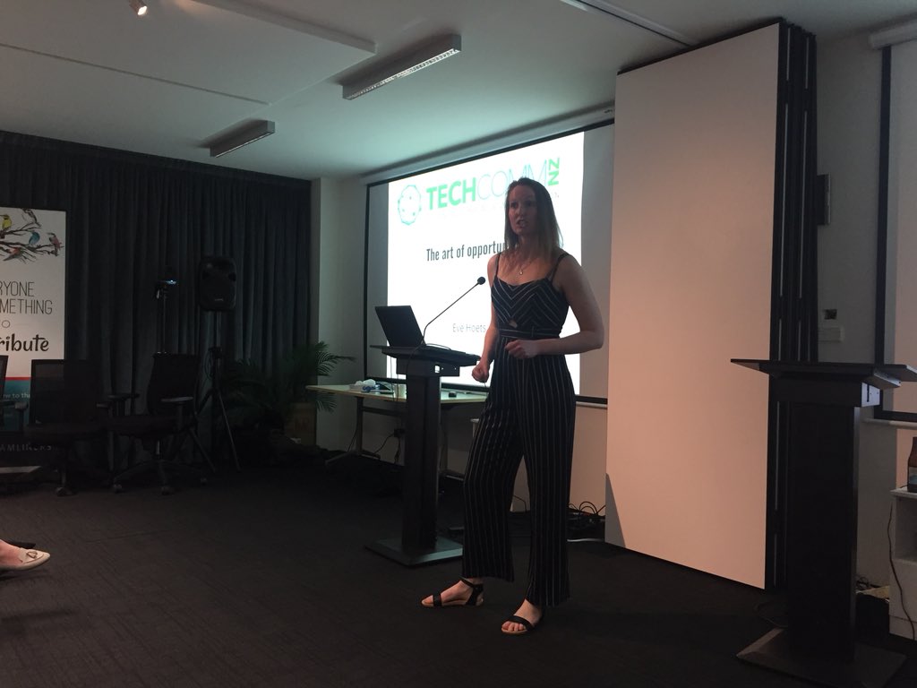 EmmaJMHarding's tweet image. #techcommnz the art of opportunity with Eve Hoets
