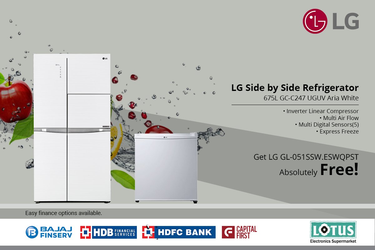 LotusElec's tweet image. Energy efficient LG GC-C247UGUV #SideBySideRefrigerator 675 Litres.

Buy today from your nearest #LotusElectronics store and get LG GL- 051SSW.ESWQPST absolutely Free!

 #InverterLinearCompressor #Indore #Bhopal #Raipur #Bilaspur #Ujjain #Nagpur #ThinkElectronics #ThinkLotus