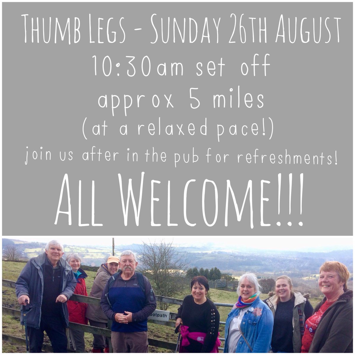 Thumbcommunity's tweet photo. Thumb Legs - Sunday 26th August!

Join us for our monthly walking club, setting off from the pub at 10:30am. We will be walking approximately 5 miles, at a relaxed pace!

Enjoy some well earned refreshments back at the pub afterwards - yay sarnies! https://t.co/fcTkqPP2wE