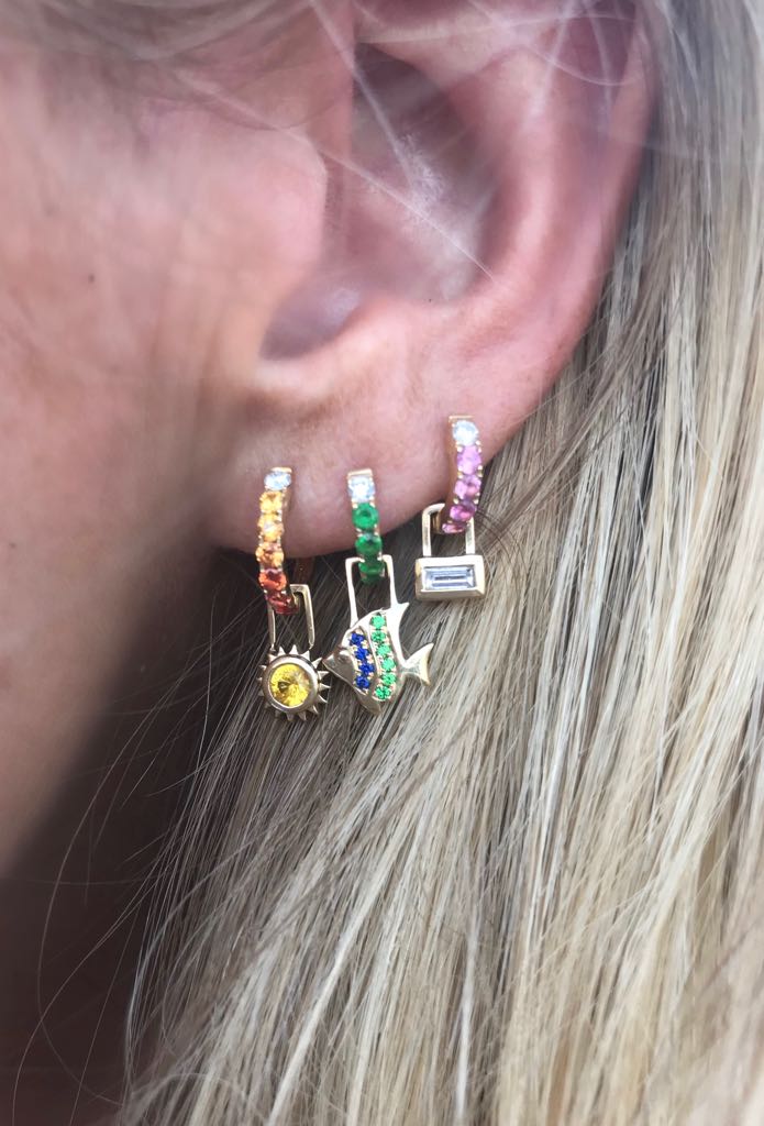 Sun on midi orange sapphire orb hoop, fish on green Tsavorite medium orb hoop and diamond padlock on medium pink sapphire orb hoop ☀️🐠🔐