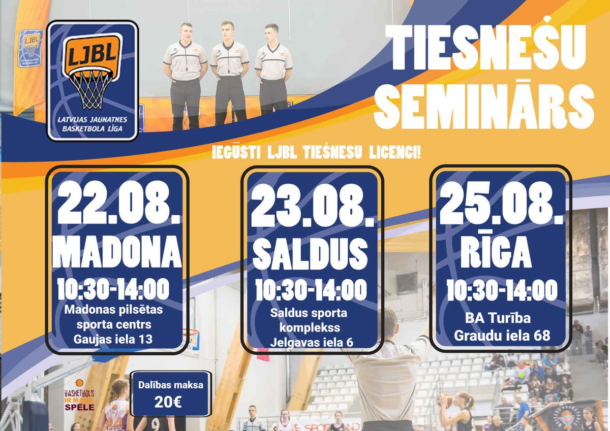 Rīkojam laukuma tiesnešu seminārus:
🏀 22.08. Madonā
🏀 23.08. Saldū
🏀 25.08. Rīgā

Piesakies te: 
goo.gl/forms/kyuY5k3K…

Vairāk info: basket.lv/ljbl/ljbl-ties…