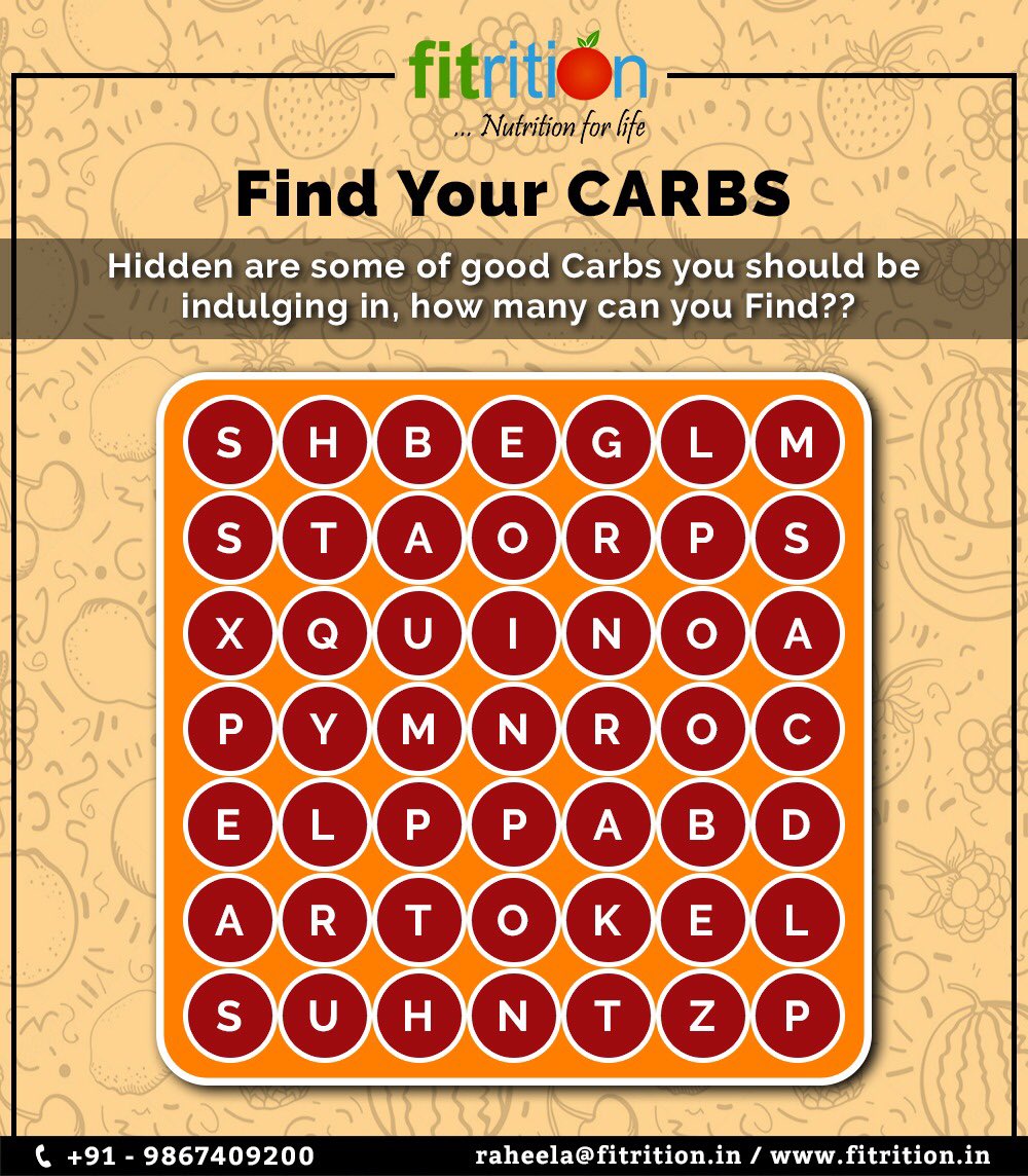 #ContestAlert All you Fitness Freaks  let’s Play a Health Game ....Find your #HealthyCarbs in the puzzle below and Lucky 3 people WIN a surprise from #Fitrition ! 
Comment your Answer below ! 
Your time starts now! 
#win #play #game #offer