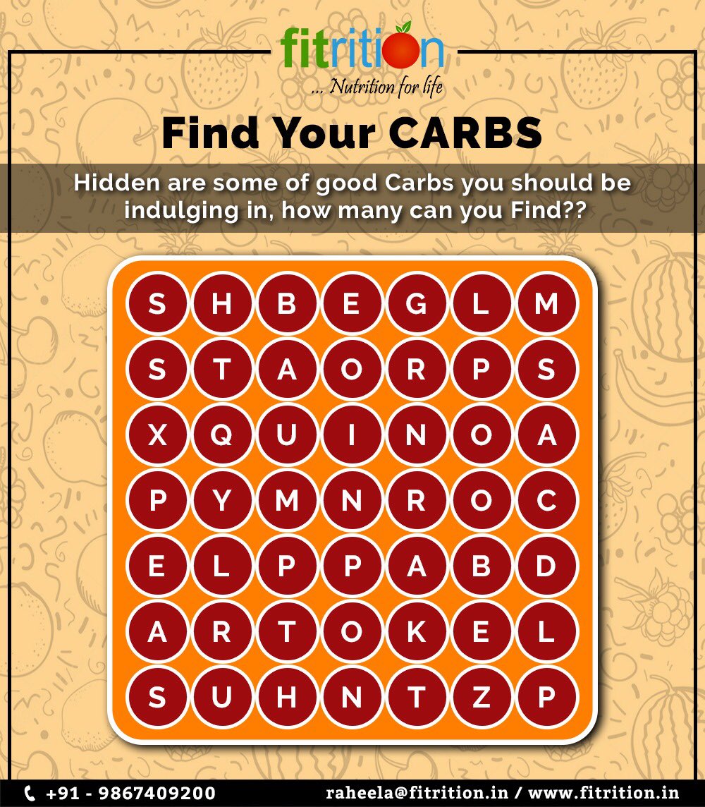 Fitritions's tweet photo. #ContestAlert All you Fitness Freaks letโs Play a Health Game ....Find your #HealthyCarbs in the puzzle below and Lucky 3 people WIN a surprise from #Fitrition !
Comment your Answer below !
Your time starts now!
#win #play #game #offer https://t.co/LE07ZvbDFX