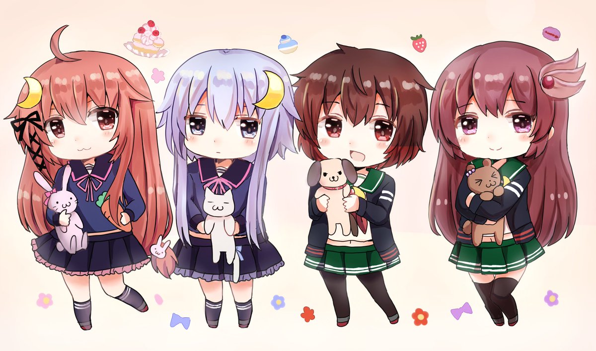 kisaragi (kancolle) ,mutsuki (kancolle) ,uzuki (kancolle) ,yayoi (kancolle) crescent hair ornament hair ornament multiple girls crescent long hair serafuku skirt  illustration images