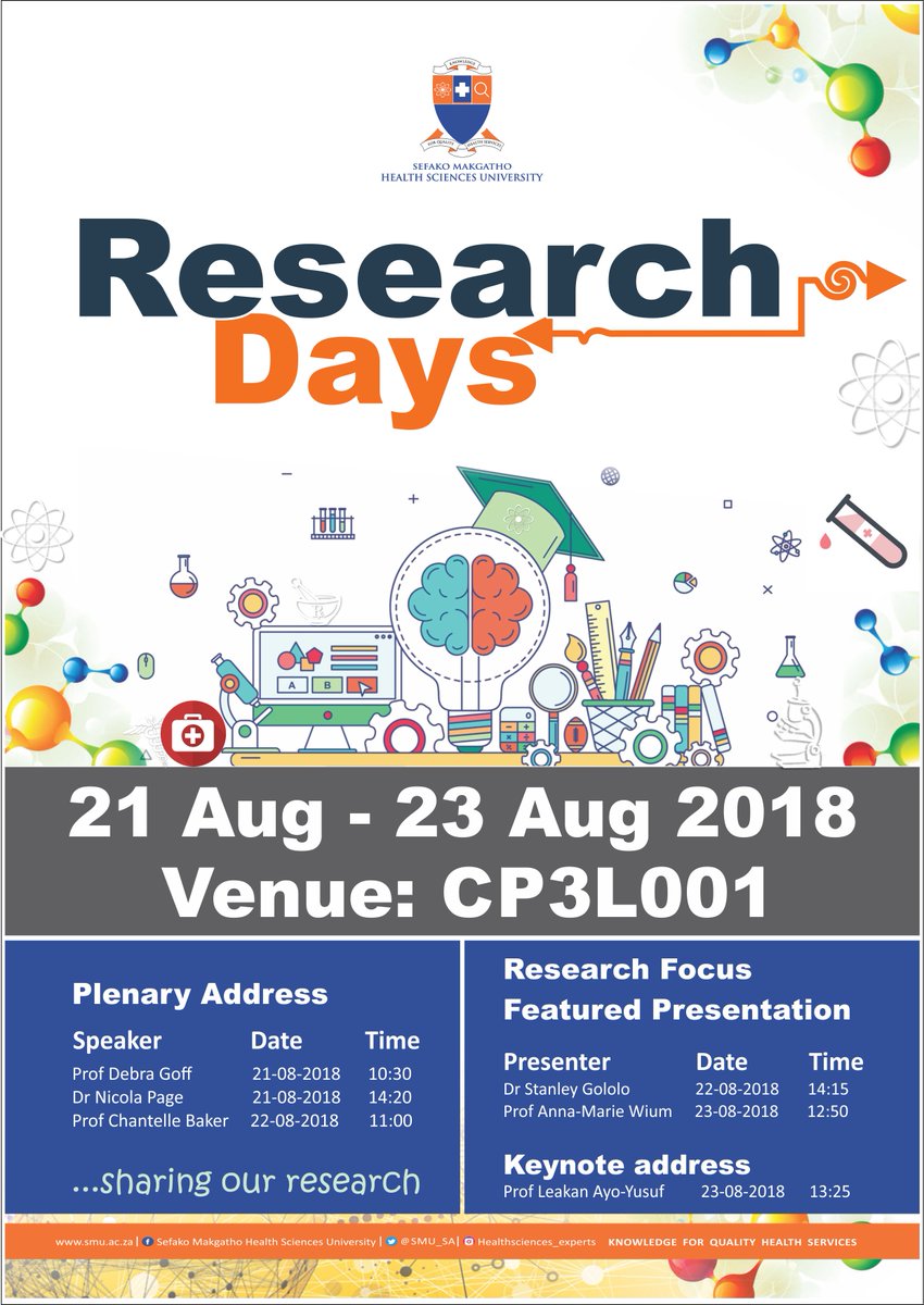 SMU_SA's tweet photo. #ResearchDays2018 are on from 21-23 August 2018 at CP3L001. Come and attend to grasp knowledge for quality health services. https://t.co/JvTLA4hC2G