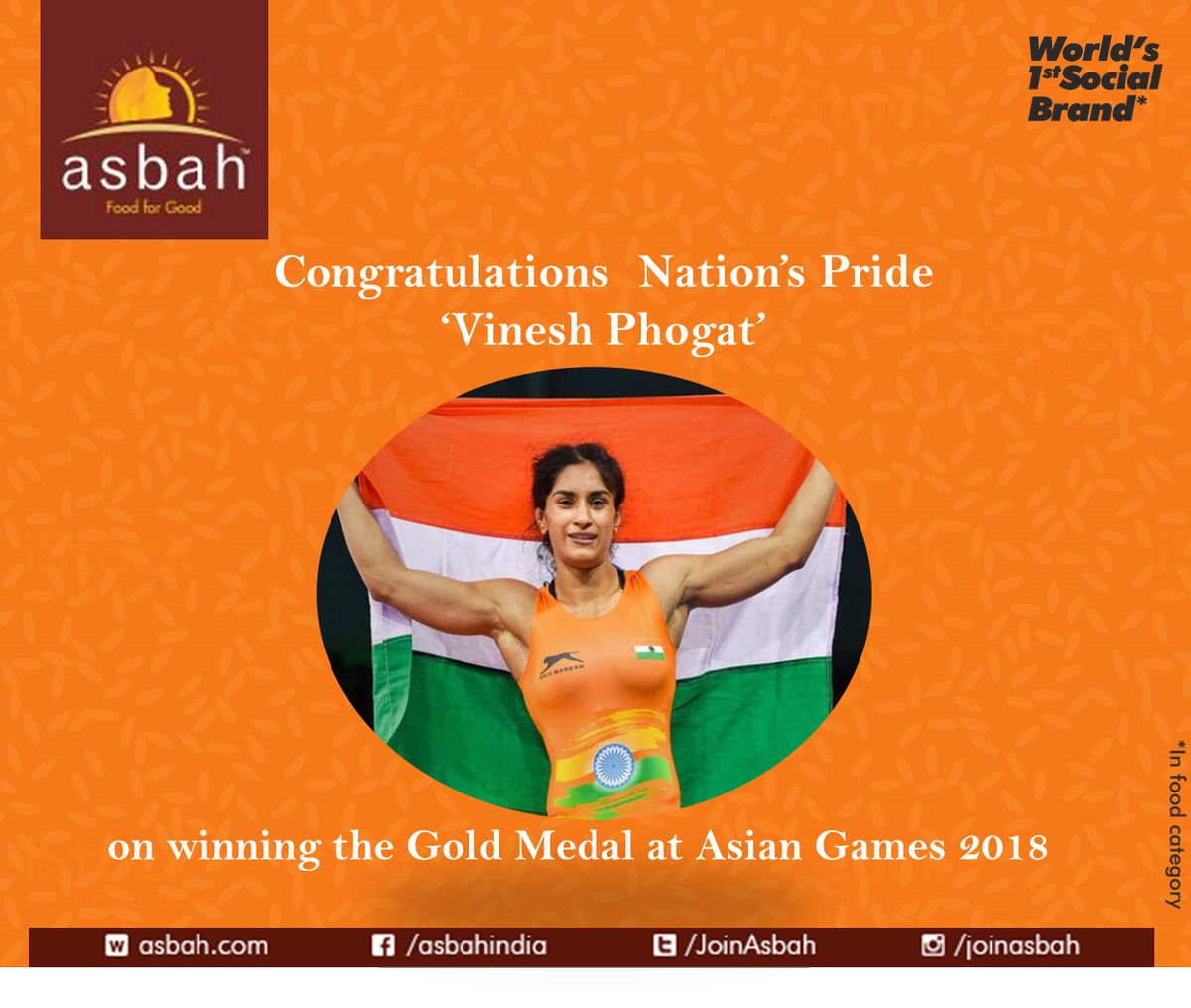 JoinAsbah's tweet photo. Congratulations Nation's Pride #VineshPhogat for winning the #Gold #Medal in 50Kg Wrestling event at @asiangames2018 

#Asbah #FoodForGood #Winner #WomenForWomen #WomenPower #EmpowermentWomen https://t.co/VBBTWrLSXK