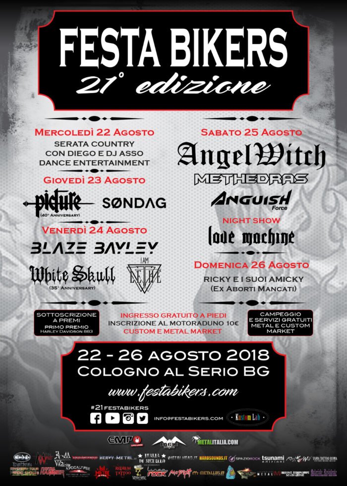 Metalitalia's tweet photo. FESTA BIKERS 2018: gli orari dei concerti e Patrocinio della regione Lombardia #ANGELWITCH #ANGUISHFORCE #BLAZEBAYLEY #IAMLETHE #METHEDRAS #PICTURE #WHITESKULL - https://t.co/S3TSLfkhLY https://t.co/AERjcoR9T3