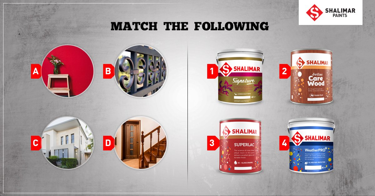 ShalimarPaints_'s tweet photo. Grab the chance to play your #TuesdayTrivia with #ShalimarPaints… Match the following products against the surface they are applied on and flaunt your knowledge with us in the comments below...
#PlayTheGame #MatchTheFollowing #ColorsOfFun #TuesdayThoughts https://t.co/DazGvIPzle