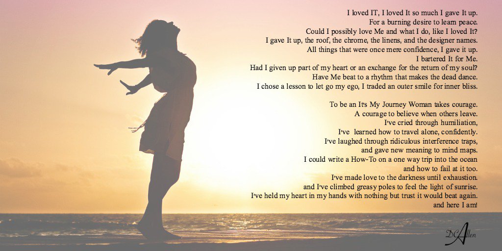 DonnaCAllenNC's tweet photo. She is an “It's My Journey” Woman. She chose no rules, no more society lies, a chance to live in peace to feel bliss! #poetry #WordsOfWisdom #TuesdayThoughts #words #writerscourage #ItsMyJourney #womenempowerment #ThingsIwontapologizefor #strongwomenwrite https://t.co/5KpiLsTqyG