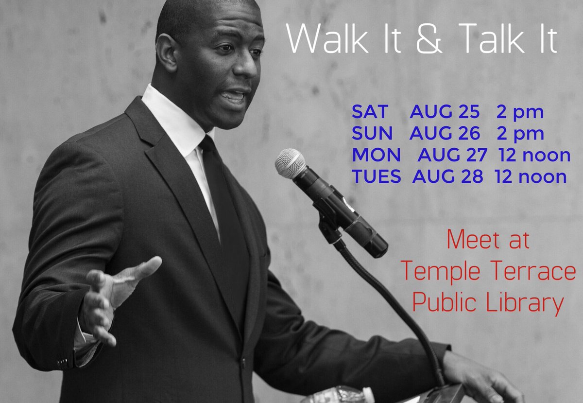 christinehanna's tweet photo. #ProgressivePatriots are taking a page from @AndrewGillum and walking it like we talk it. Join @IndivisTampaBay and the @IndivisibleTeam this weekend! https://t.co/hZSgfoKogk