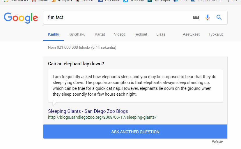 Tiesitkö että #Google tarjoaa sinulle hauskaa nippelitietoa kun kirjoitat hakuun fun fact? Nyt minä tiedän että norsut nukkuvat makuullaan #FunFact