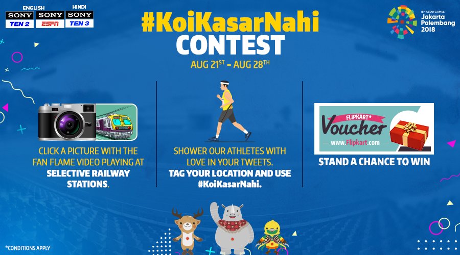 SonySportsNetwk's tweet photo. #ContestAlert:
Cheer, click and win! ๐
Show your support for India at the #AsianGames2018 by sending in a well captioned photo of the Fan Flame video playing at selective stations!
P.S. Tag your location!
T&Cs ๐ https://t.co/BWsur36vRn
#SPNSports #KoiKasarNahi https://t.co/RYGwwNB2ec