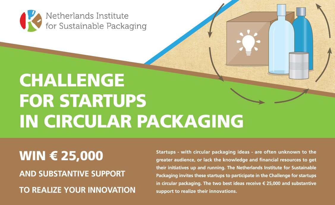 Realize your circular packaging idea! We invite start-ups in circular packaging to join our challenge. The two best ideas receive €25.000 and substantive support to realize their innovations. More information: bit.ly/2PrqGZt