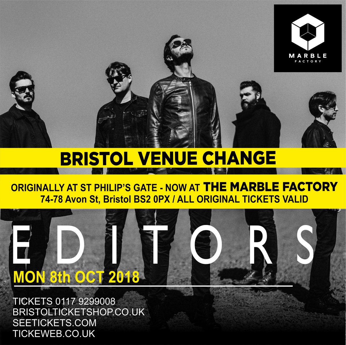 *ANNOUNCEMENT* @editorsofficial on Monday 8th October has moved to @MarbleFactoryUK! All tickets remain valid. Buy yours now: goo.gl/UJ41Fr