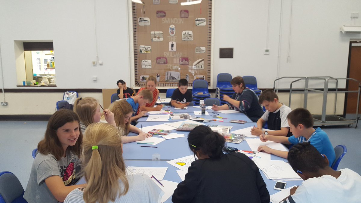 SwindonStory's tweet photo. We're having a great time so far this week with the mural artists who are helping us to bring our ideas together to produce creative work we can share with people across the town... It's great to have everyone together and welcome a few new faces to the project too!
#Swindon https://t.co/0m25kr40Ug