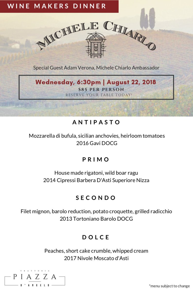 michelechiarlo's tweet photo. #Backtowork is easier with an italian #winemakersdinner.
Can't wait for August 22th @ Trattoria Piazza D'Angelo in Mill Valley #SanFrancisco. Reserve your table with @adamverona #MicheleChiarlo ambassador, cheers! #piemonte #barolo #moscatonivole #nizzacipressi #gavi https://t.co/jWcQMgjYdC