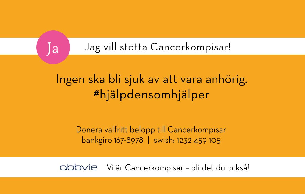 AbbVie Sverige (@abbvie_se) on Twitter photo Vi tror på att låta engagemang växa, och uppmuntrar våra medarbetare
att bidra till det samhälle vi lever i. Just nu samskapar vi med <a href="/Cancerkompisar/">Cancerkompisar</a>
kring initiativet #hjälpdensomhjälper genom att samla in pengar till denna
viktiga anhörigorganisation. Bidra du också! #svmed Vi tror på att låta engagemang växa, och uppmuntrar våra medarbetare
att bidra till det samhälle vi lever i. Just nu samskapar vi med <a href="/Cancerkompisar/">Cancerkompisar</a>
kring initiativet #hjälpdensomhjälper genom att samla in pengar till denna
viktiga anhörigorganisation. Bidra du också! #svmed
