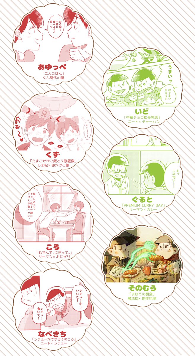osochoro_gohan's tweet photo. 🍙🍙🍙9/23 恋のおそチョROAD6発行予定  おそ松×チョロ松 ごはんアンソロジー「ひとつ残らずごちそ〜さん！」🍙🍙🍙
表紙と作品サンプルを公開しました！【 https://t.co/p80M7yYVCX 】 https://t.co/pBbfN0CQRF
