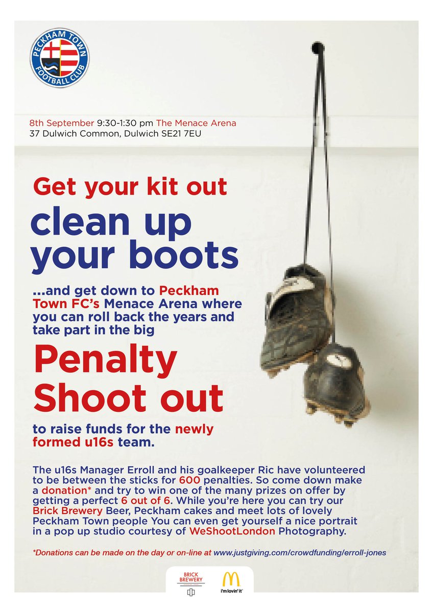 PeckhamTownFC's tweet image. Get down the #Menace Arena to take a penalty and raise funds for our new U16 boys team.

📆 9.30-1.30, Saturday 8 September
📌 Menace Arena, SE21 7EU
💷 justgiving.com/crowdfunding/e…
#Peckham #Dulwich #Ballers