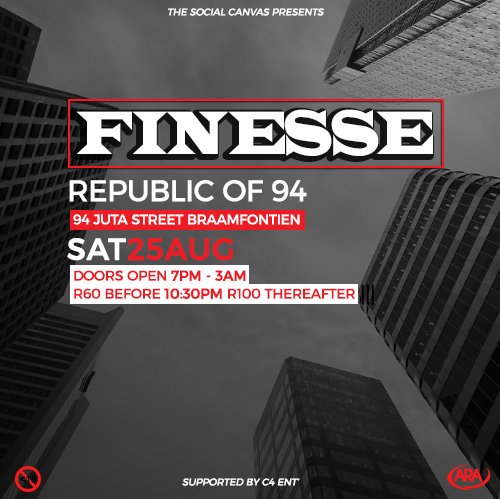 C4_Kid's tweet photo. "It Takes Some Finesse"
Join us as we "Turn Everything Up A Little More" with the best vibe and the coolest of folk at one of the coolest spots in Braam.
Gather the squaa', come grab a drink and lets get down!
FINESSE
THIS SATURDAY, 25 AUGUST
REPUBLIC OF 94
#TSC
#C4Ent' https://t.co/V2tsfqdjOk